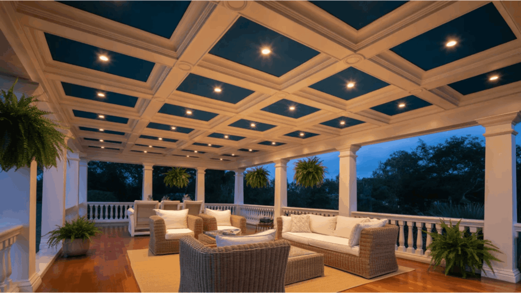 cozy outdoor porch seating with wicker sofa warm lights showing porch ceiling ideas