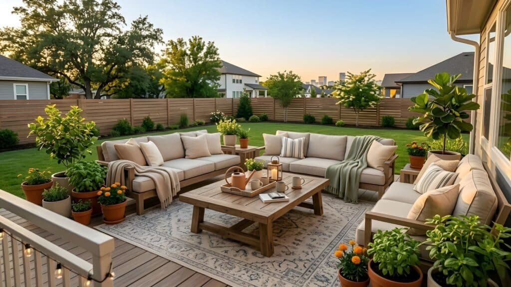 cozy patio seating with plants and decor creating relaxing backyard oasis ideas for outdoor living