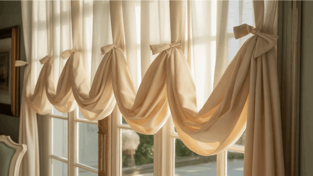 cream fabric swag valance curtains tied with bows across tall classic windows curtain styles
