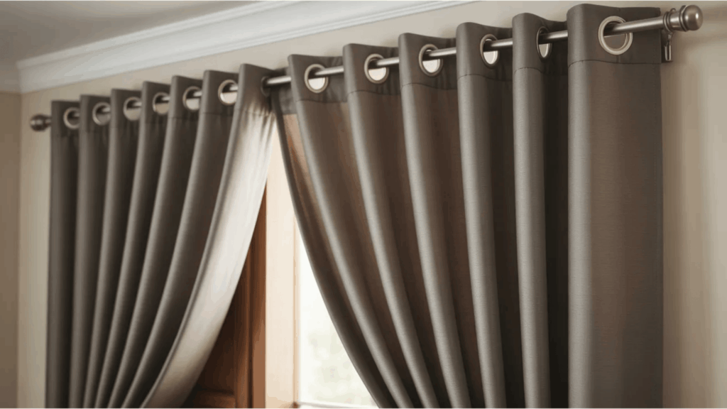 dark gray grommet curtains draped on rod covering window in modern interior creating elegant curtain styles