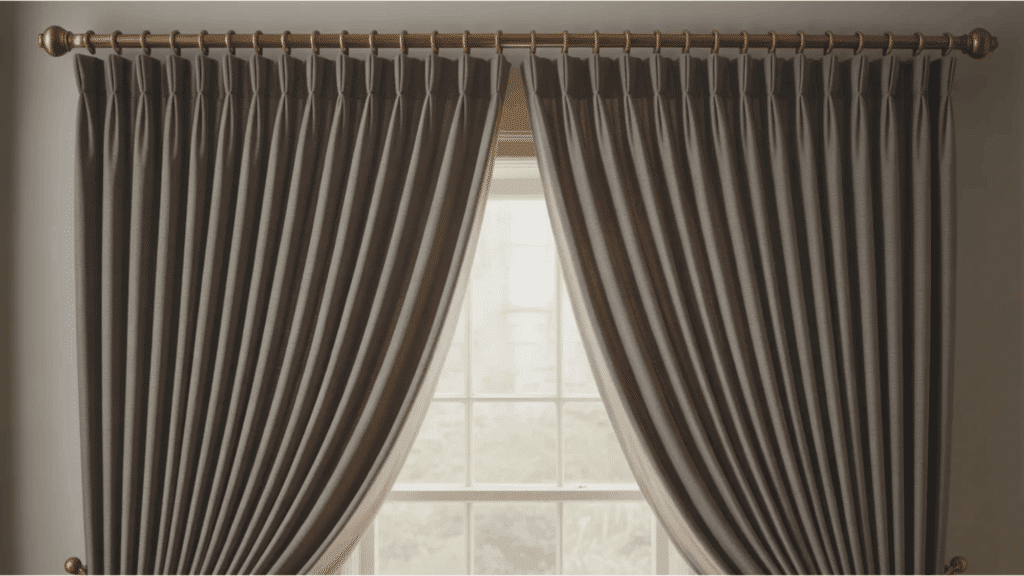 dark gray heavy drapes parted on rod framing bright window in classic interior creating elegant curtain styles