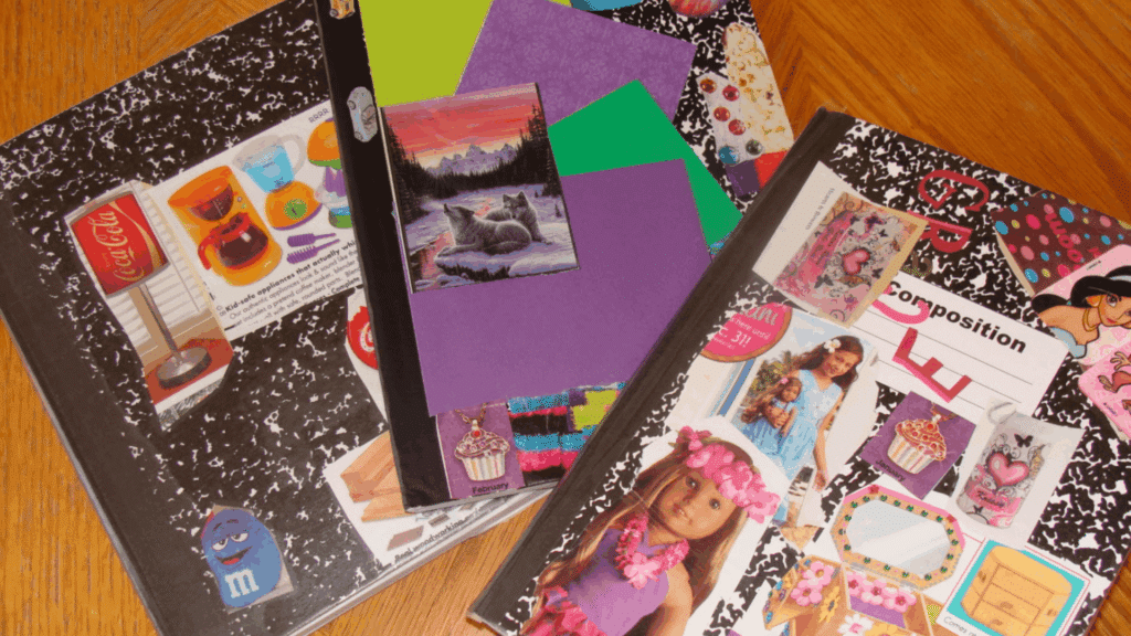 decorated composition notebooks with colorful magazine cutouts and paper designs for homemade gifts made easy