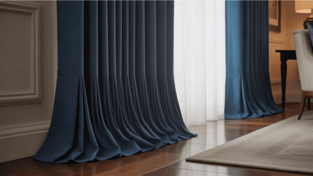 deep blue floor length drapes pooling slightly on wooden floor beside elegant chair classic curtain styles