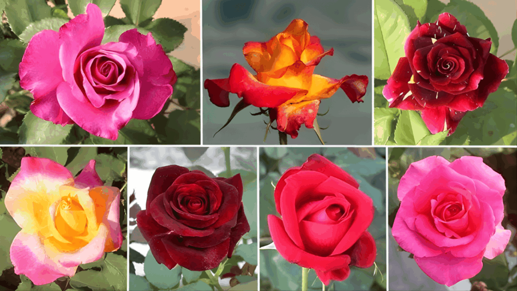 different rose flower varieties in pink red and yellow colors showing rose types that can grow when learning how to plant roses and rose bushes