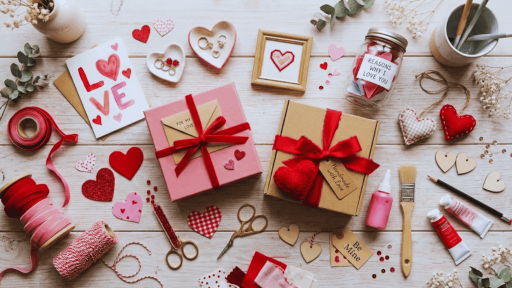 diy valentine gifts flat lay with handmade cards jars ribbons and heart decorations on table