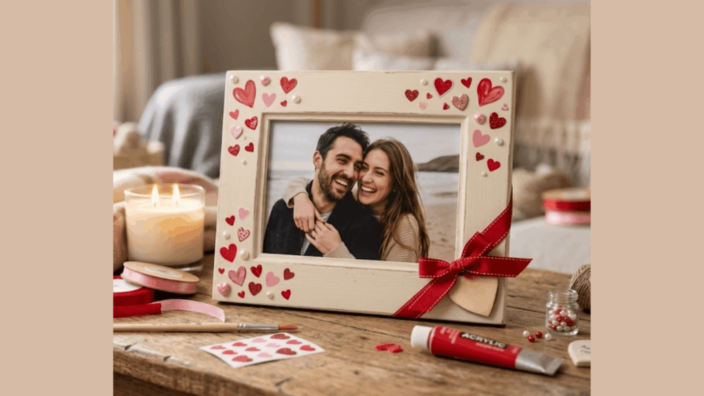 diy valentine handmade photo frame with couple picture hearts and ribbon on wooden table