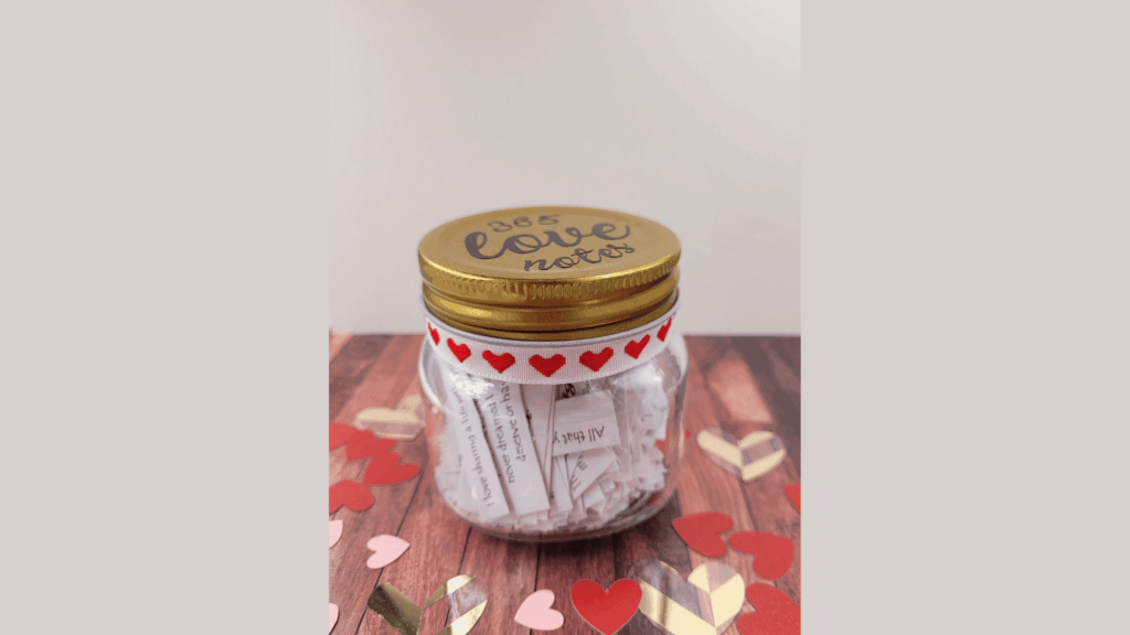 diy valentine love notes jar filled with small paper messages and heart decorations on table