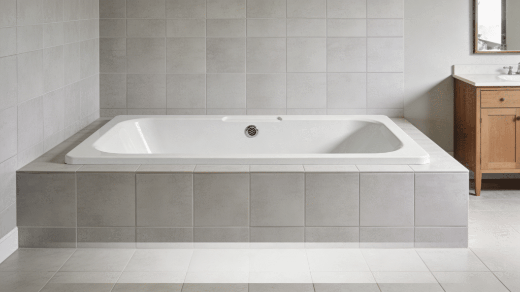 drop in bathtub installed within tiled platform design