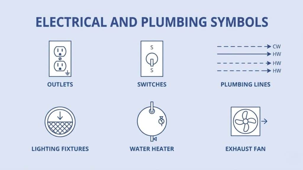 electrical and plumbing floor plan symbols showing outlets switches pipes and fixtures in building plans