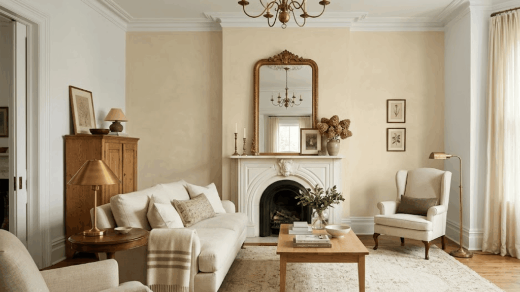 elegant living room with beige tones fireplace mirror sofa wooden table and soft lighting