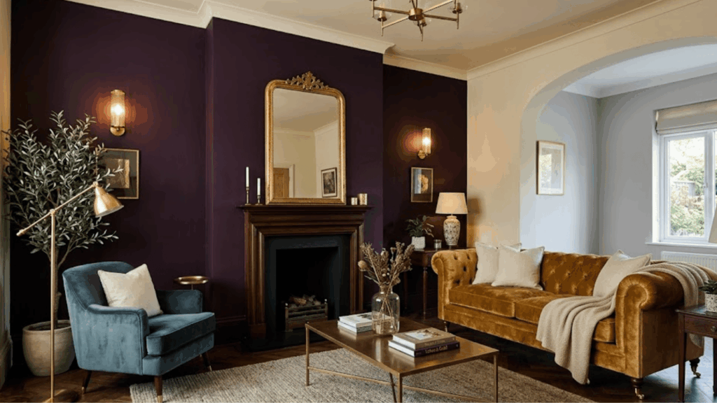 elegant living room with dark purple wall velvet sofa fireplace and classic decor accents