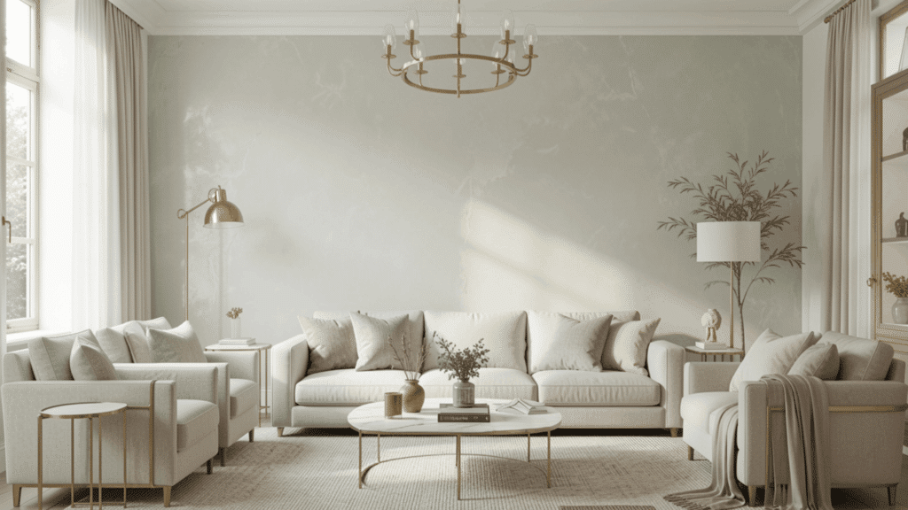 elegant neutral living room with cream sofas round table gold accents and soft natural lighting