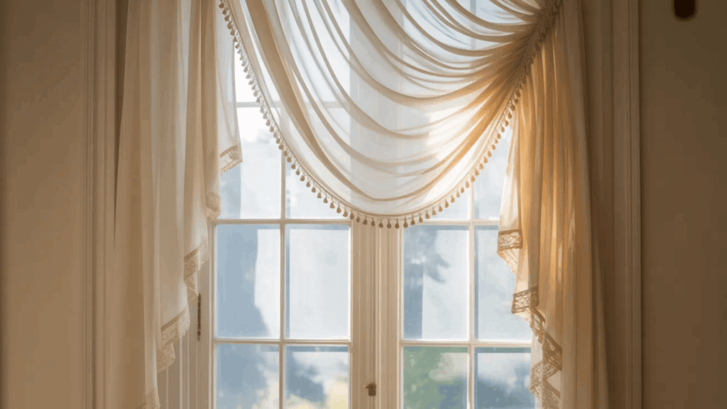 elegant sheer swag curtains with lace edges draped across tall window allowing soft daylight curtain styles