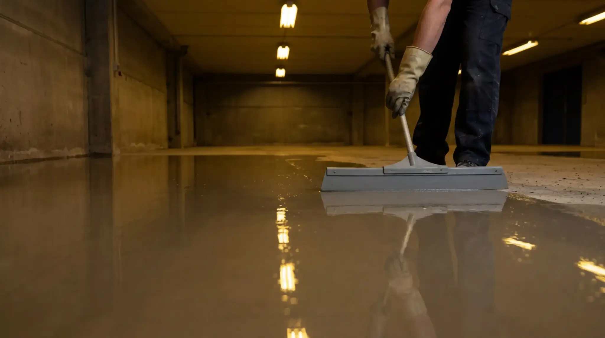 Worker smoothing concrete floor with squeegee in an industrial setting under warm lighting