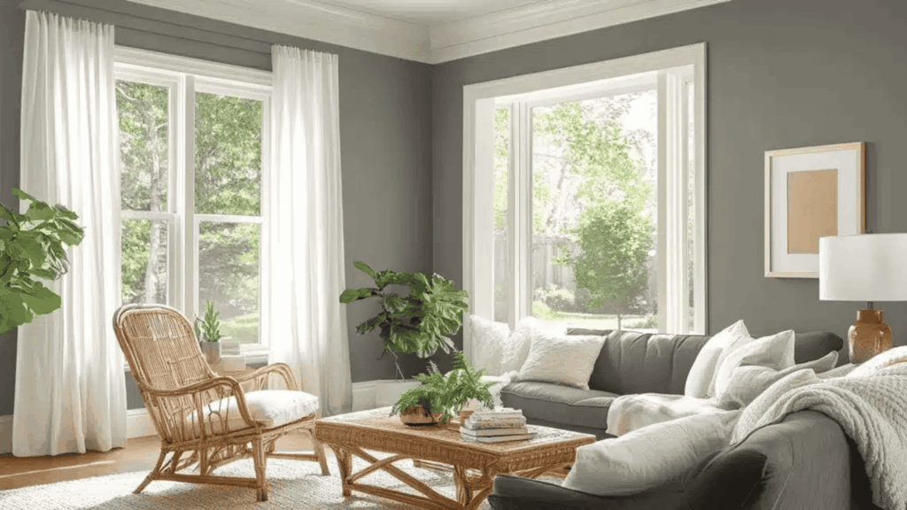 escape gray sherwin williams living room with rattan furniture white curtains and gray sofa