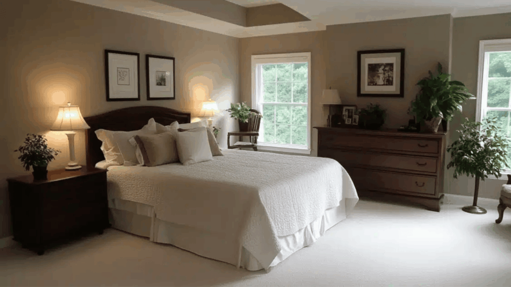 escape gray sherwin williams paint on bedroom walls with dark wood furniture and white bedding