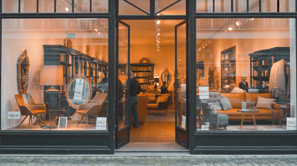 european furniture store with large glass windows warm lighting inside and sofas chairs and shelves displayed with people browsing inside