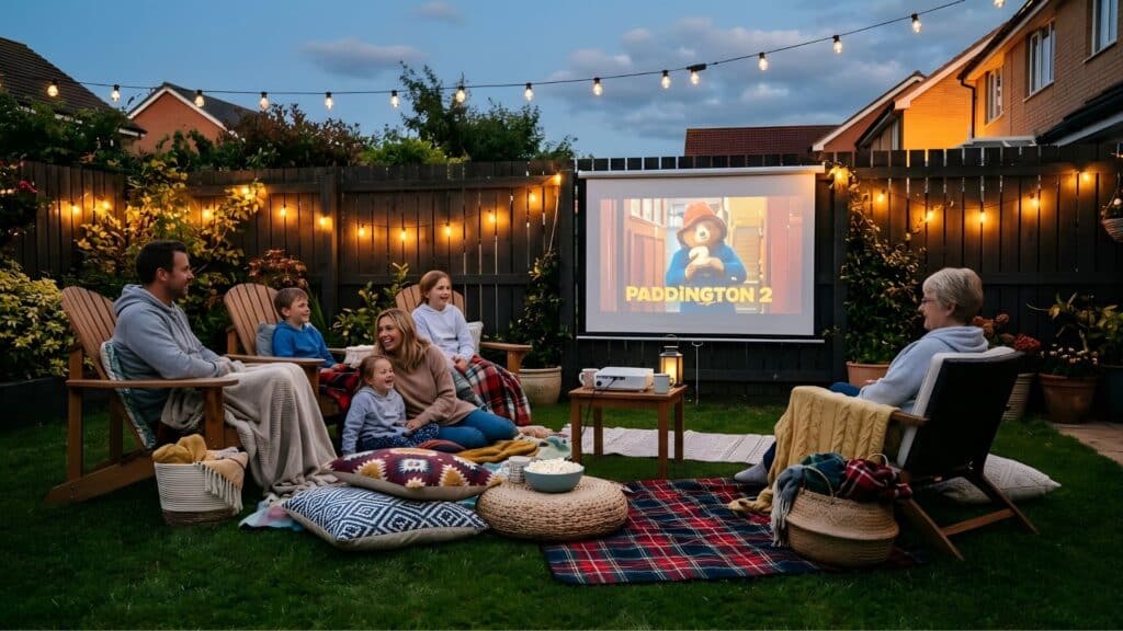 family enjoying outdoor movie night under string lights featuring creative backyard oasis ideas for gatherings