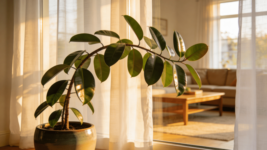 fikus ali plant with curved stems and shiny dark leaves
