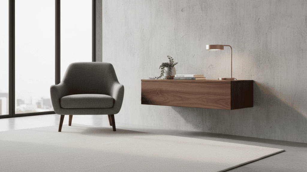 floating end table mounted on wall beside chair with lamp and decor for diy space saving idea