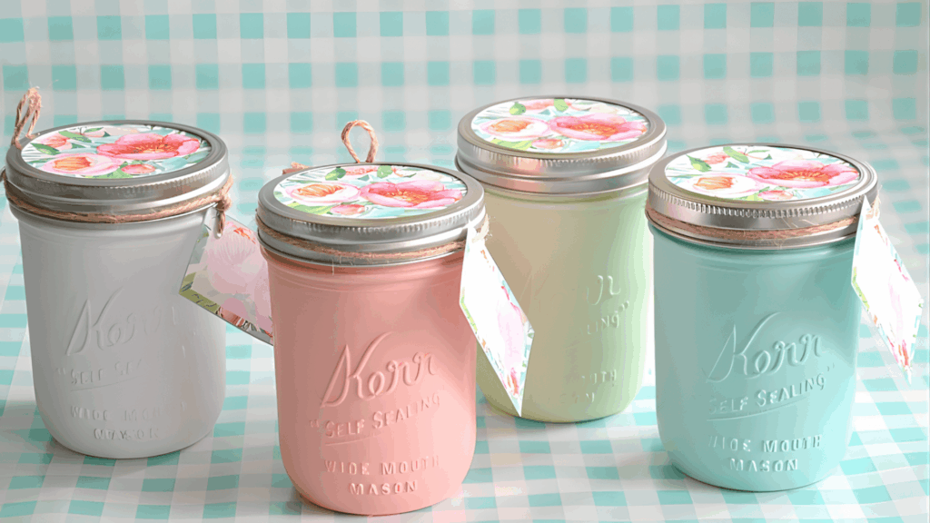 four+pastel+painted+mason+jar+candles+with+floral+lids+and+tags+displayed+on+checkered+background+for+homemade+gifts+made+easy-1