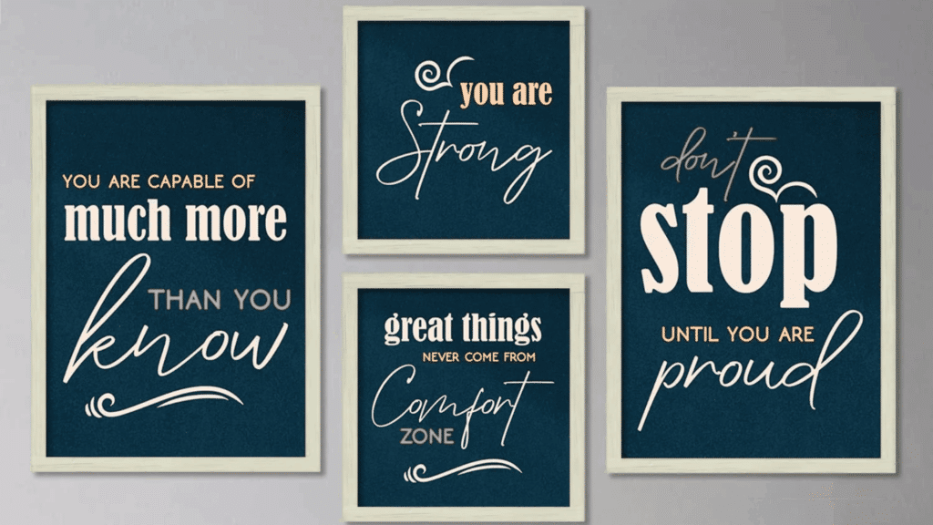 framed motivational quote posters on wall above cabinet with decorative items for homemade gifts made easy