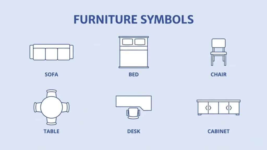 furniture floor plan symbols showing sofa bed table and chairs arranged in interior layout design