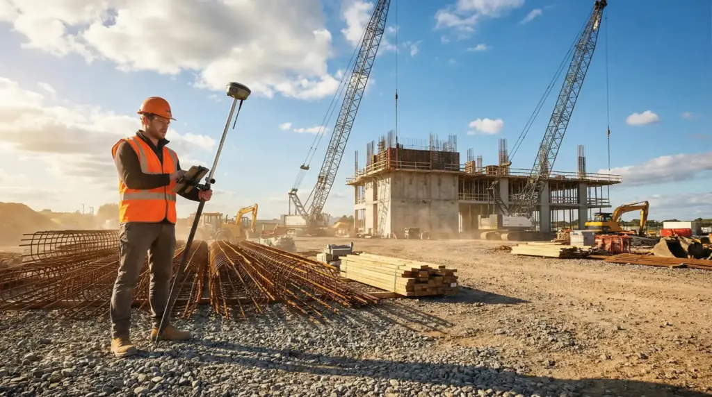 Fusing Positioning and Motion: Why Inertial Data Matters for Reliable Field Measurements Surveyor in orange vest using equipment on construction site with cranes and building structure