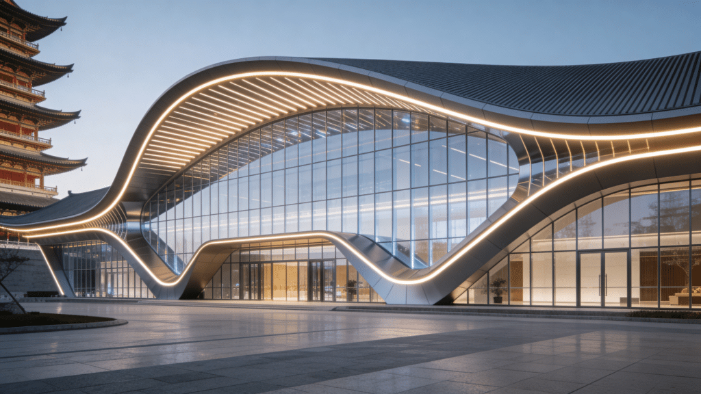 futuristic curved glass building inspired by traditional chinese forms