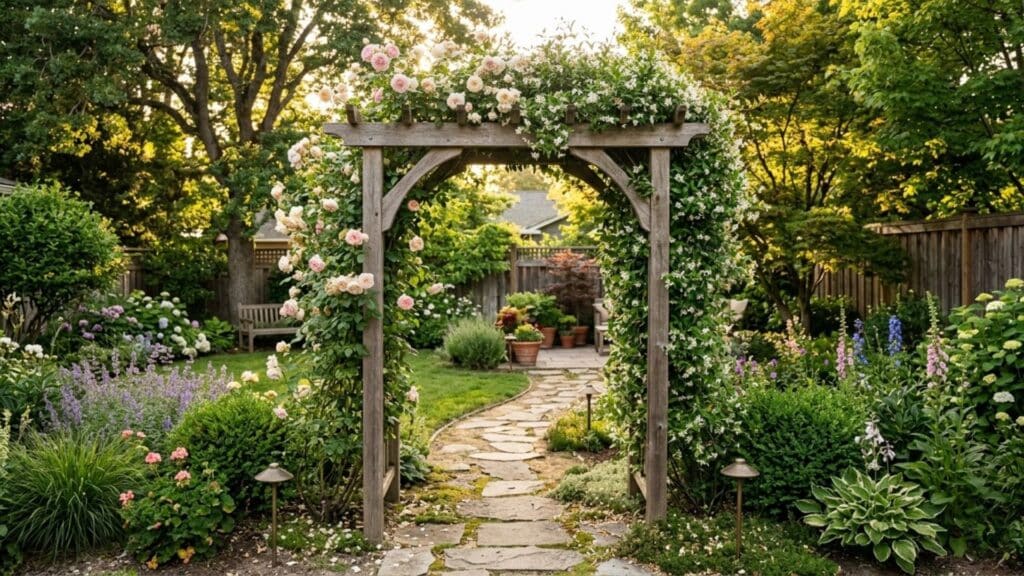 garden arbor entryway with climbing roses and stone path welcoming beautiful backyard oasis ideas