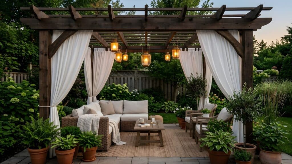 garden room with outdoor curtains pergola seating and plants creating cozy backyard oasis ideas