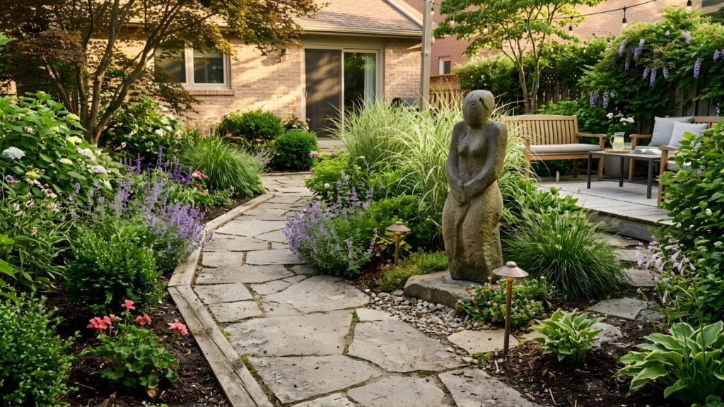 garden sculpture feature along stone path with flowers and greenery creating peaceful backyard oasis ideas