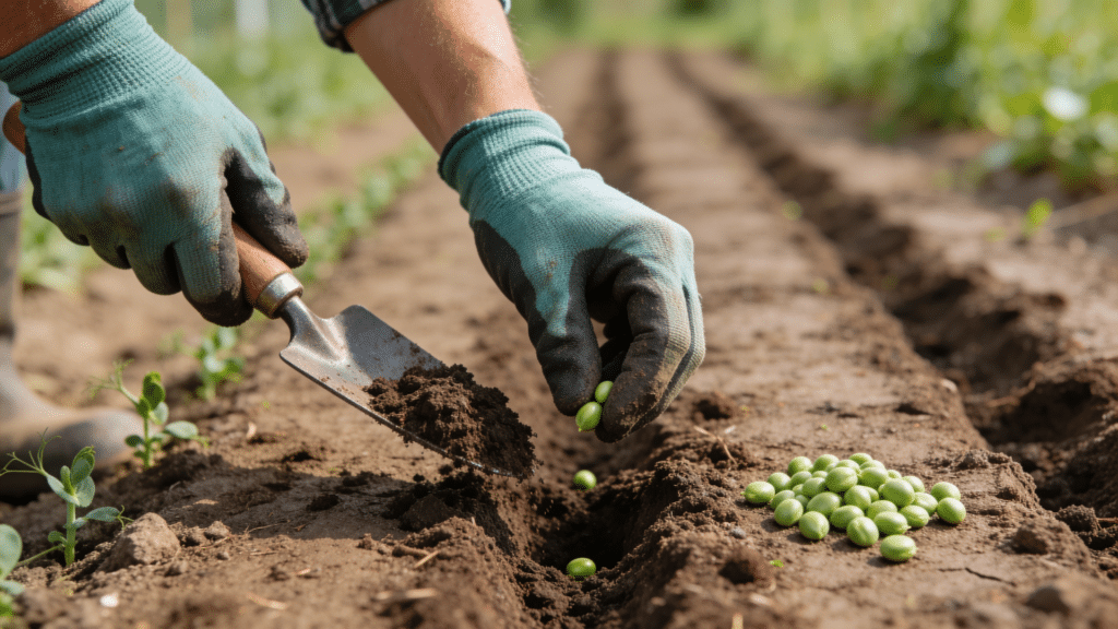gardener planting pea seeds in soil rows