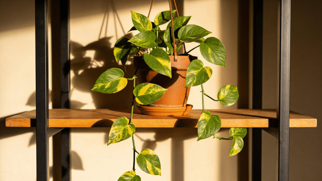 golden pothos plant with trailing vines on shelf