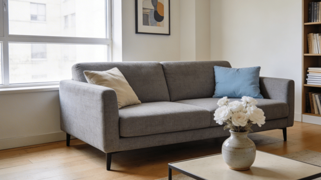 gray apartment sofa with two cushions placed in bright living room near window with coffee table