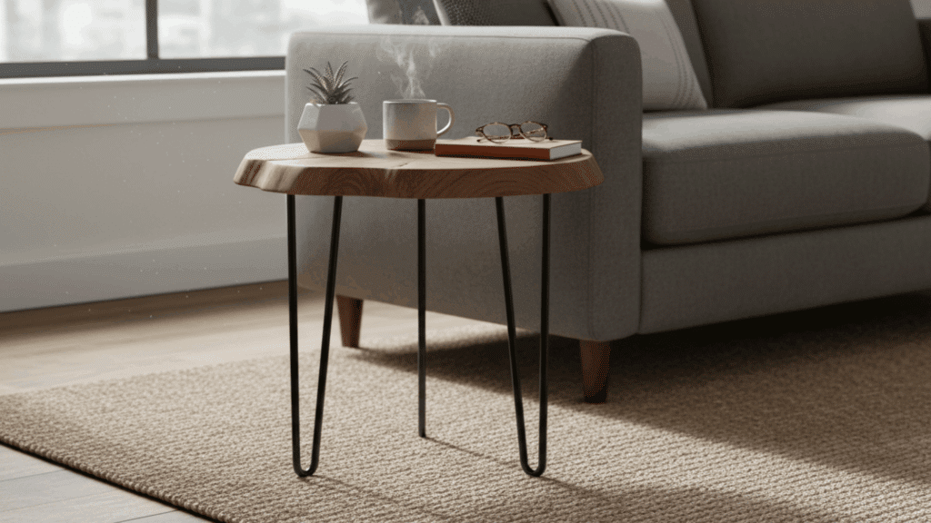 hairpin leg end table with wooden top beside sofa with cup and decor for diy furniture idea