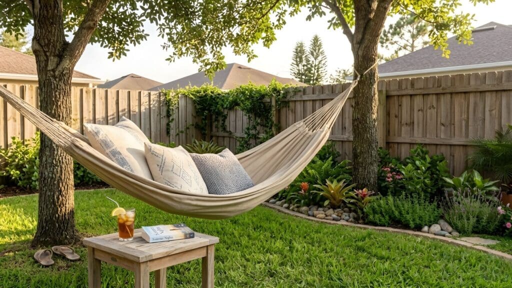 hammock between trees with pillows and drink inspiring cozy backyard oasis ideas for relaxation