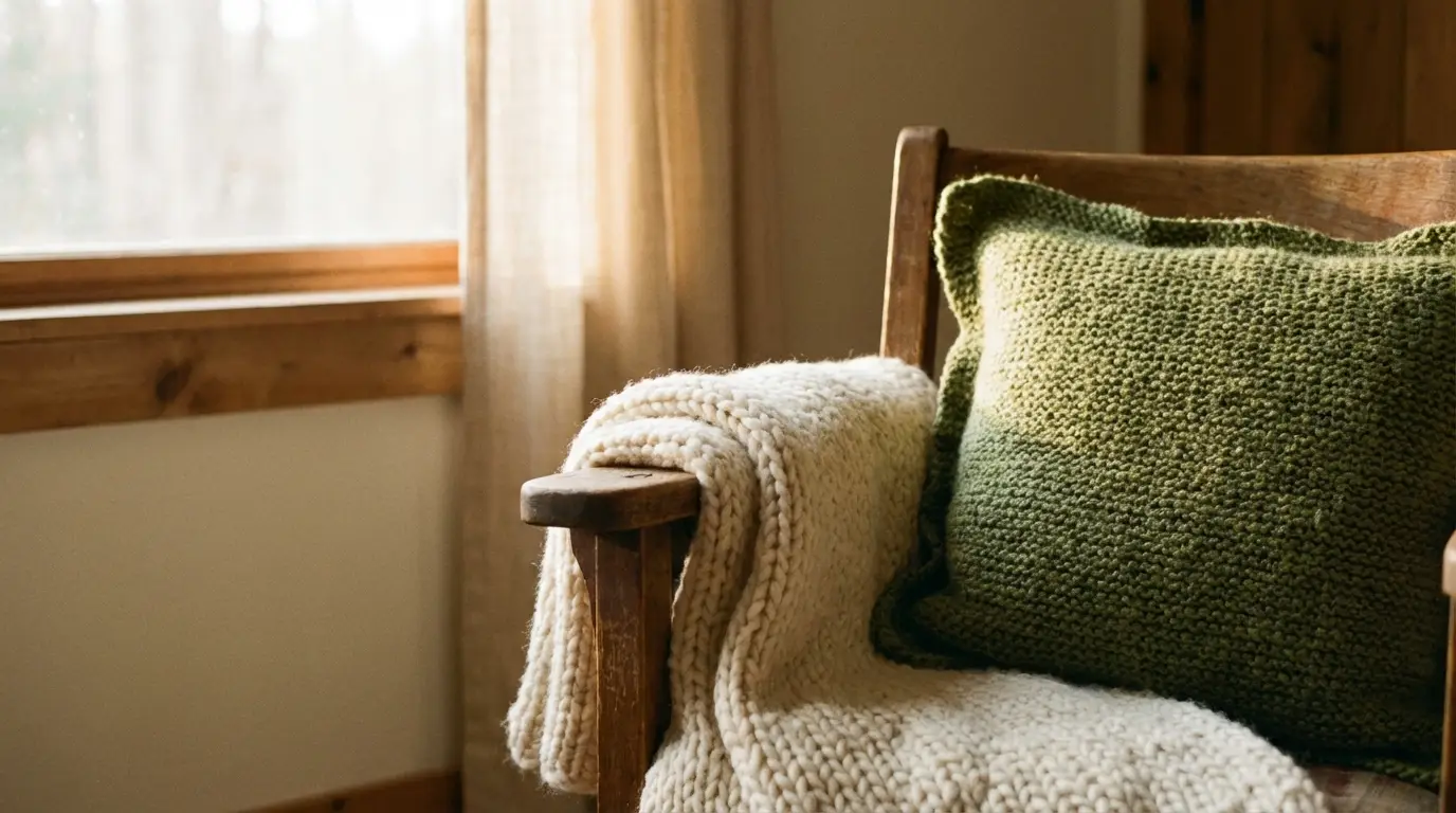 Cozy wooden chair with green knitted pillow and cream blanket in sunlit room
