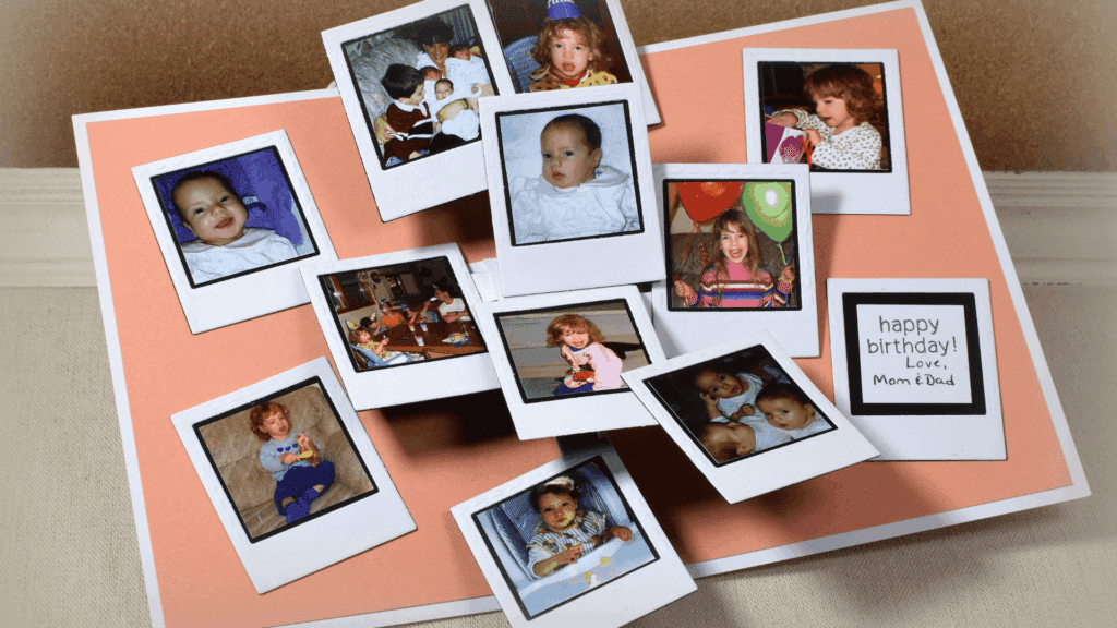 handmade photo explosion card with small family pictures and birthday message for homemade gifts made easy