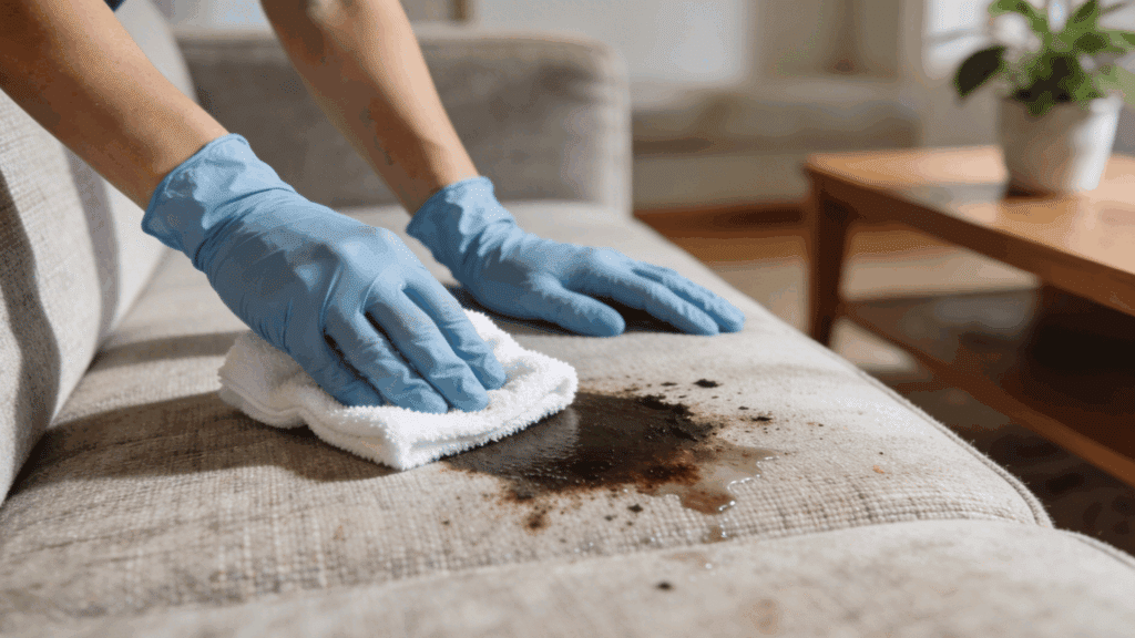 hands wearing gloves wiping dark stain from fabric sofa using white cloth in living room