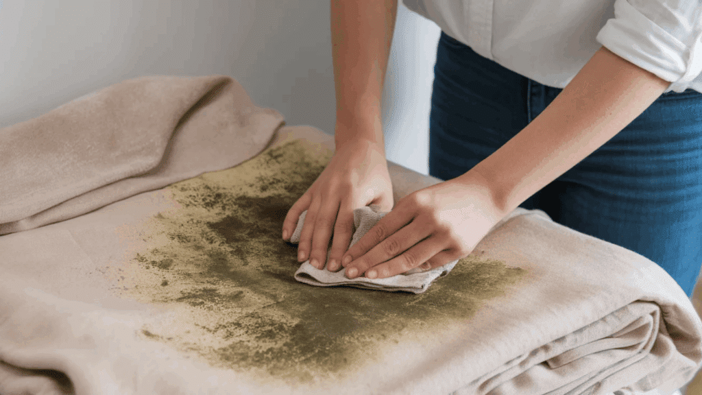 hands wiping mold from beige fabric with cloth showing cleaning process and how to remove mold from fabric effectively at home