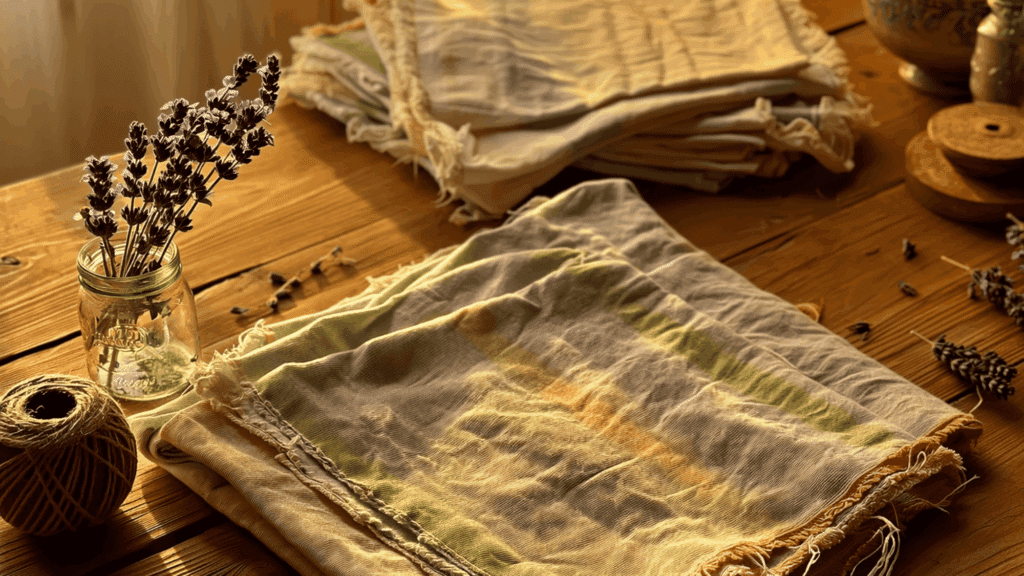 homemade dryer sheets folded cloth wipes on wooden table with lavender and soft sunlight