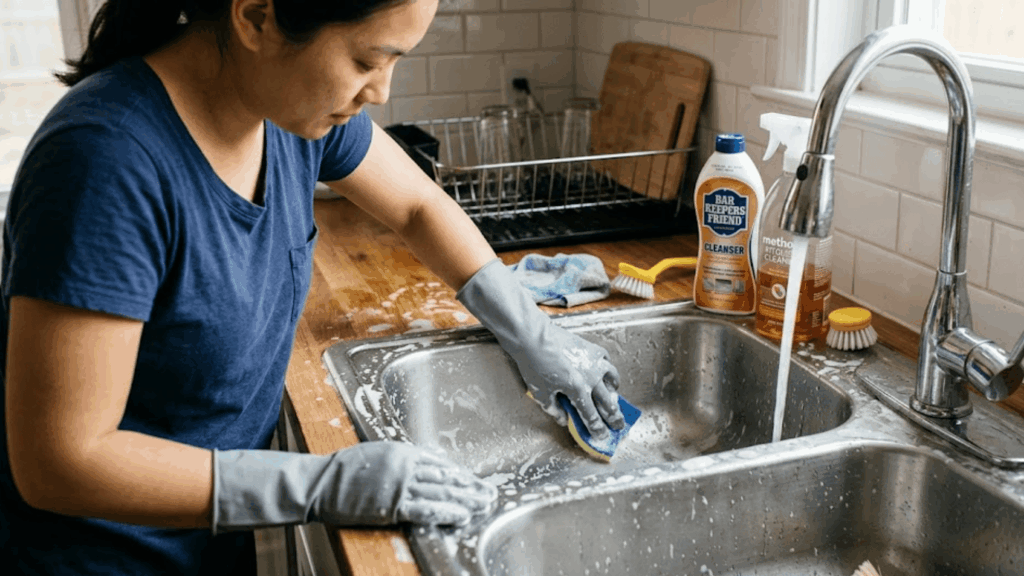 how to clean stainless steel sink person cleaning kitchen sink with sponge and soap water running stainless steel sink home cleaning task