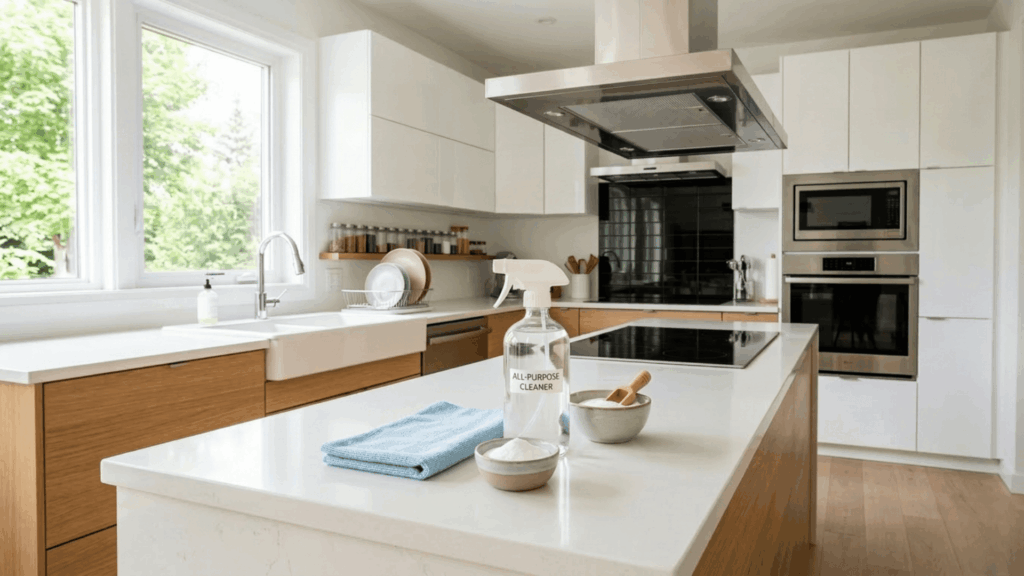how to deep clean kitchen with clean white countertop spray bottle cloth and modern kitchen interior with sink and cabinets