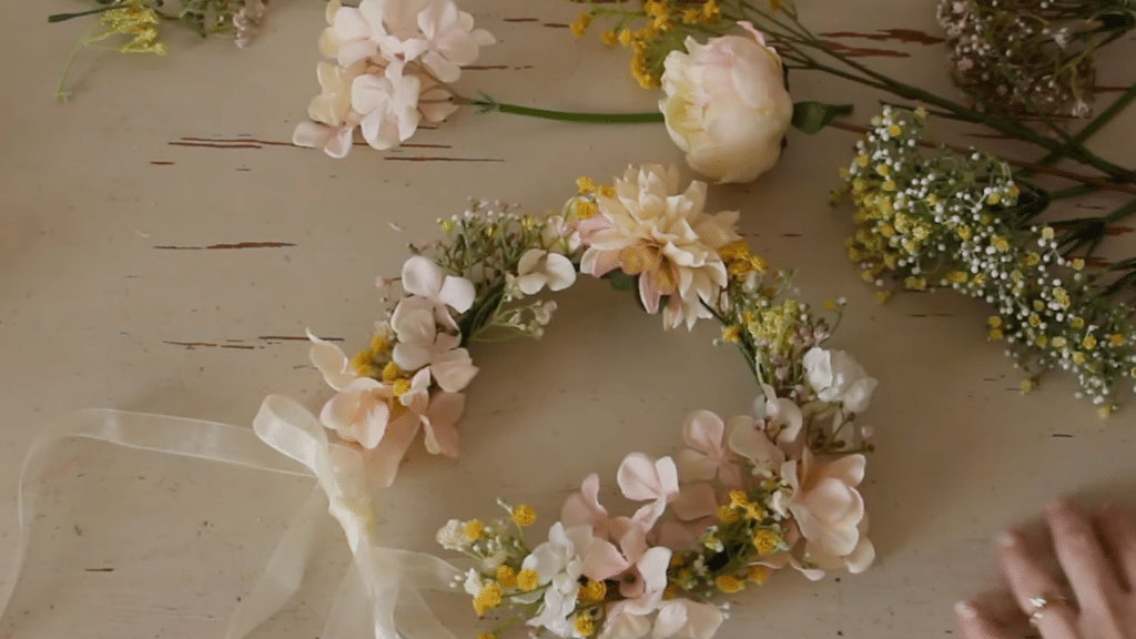 how to make a flower crown by finishing with a ribbon tie and arranging the flowers neatly