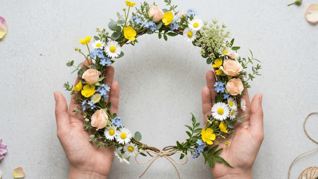 how to make a flower crown with a variety of colorful flowers tied with twine