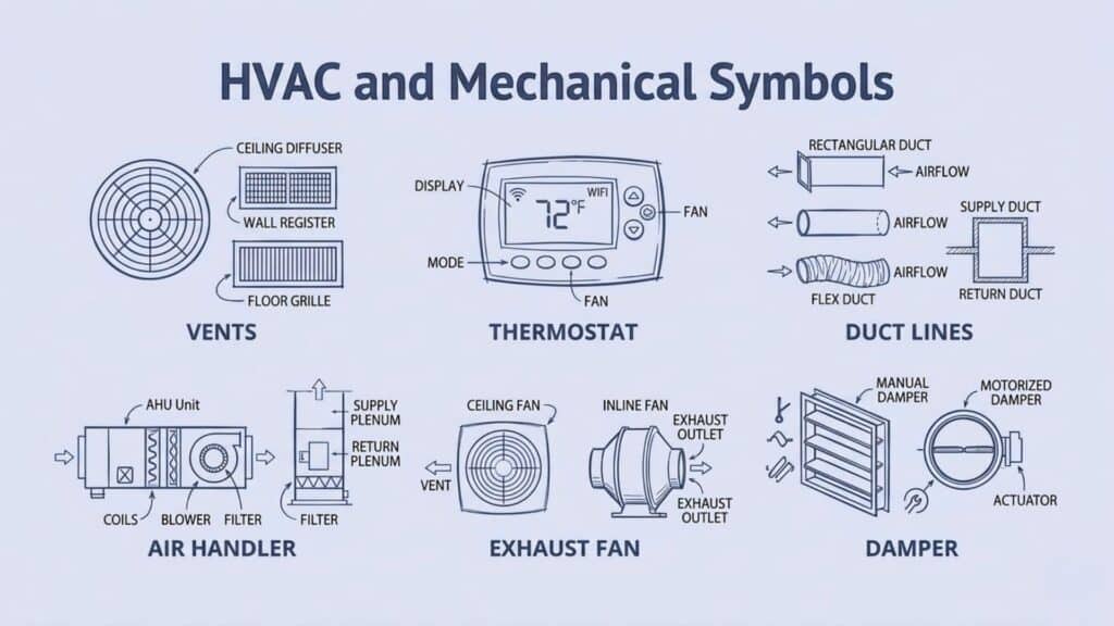 hvac and mechanical floor plan symbols showing vents ducts air units and mechanical equipment layout