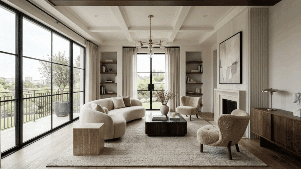 interior designers behind iconic spaces modern living room with curved sofa chairs large windows and neutral decor