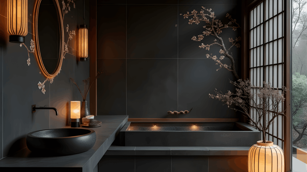 japanese bathroom design with dark stone soaking tub round mirror shoji window and warm ambient spa style interior