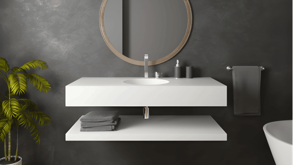 japanese bathroom design with floating vanity round mirror dark textured wall and minimal modern spa style interior